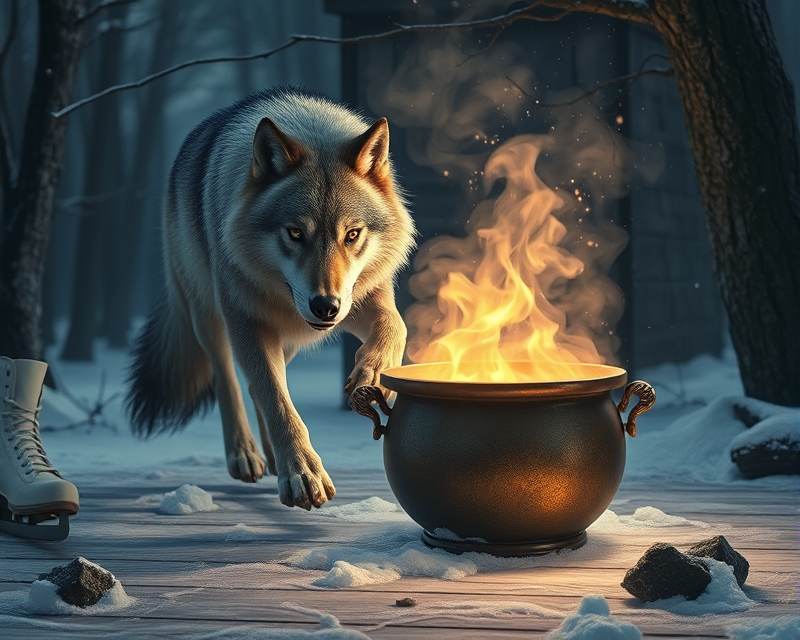 wolf, cauldron, ice skate